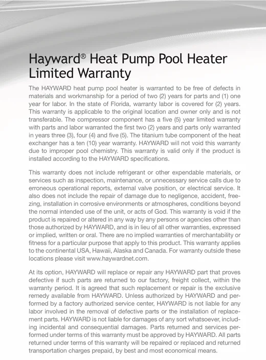 Hayward heat pump pool heater limited warranty information
